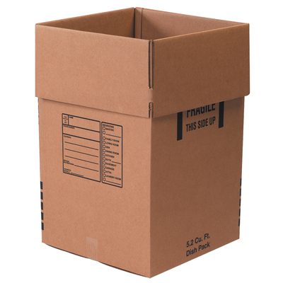 181828DISH.jpg The MH-USA 18 x 18 x 28 Dish Pack Boxes (5/Bundle) are tall, open cardboard boxes with Fragile and This Side Up labels, ideal for packing or storing valuables.