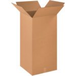 An MH-USA 18 x 18 x 36 Tall Corrugated Box from a bundle of ten stands upright with unfolded flaps. Its interior and edges are visible, casting a subtle shadow on the plain white background.