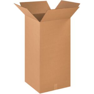 An MH-USA 18 x 18 x 36 Tall Corrugated Box from a bundle of ten stands upright with unfolded flaps. Its interior and edges are visible, casting a subtle shadow on the plain white background.