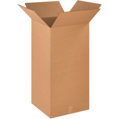 181836.jpg An MH-USA 18 x 18 x 36 Tall Corrugated Box from a bundle of ten stands upright with unfolded flaps. Its interior and edges are visible, casting a subtle shadow on the plain white background.
