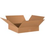 An open MH-USA 18 x 18 x 4 flat corrugated box with four flaps extends outward against a plain white background. This empty box, featuring a brown corrugated texture, is sold in bundles of 25, and showcases its sturdy design for secure packaging.