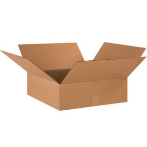 The open MH-USA 18 x 18 x 6 flat corrugated box, featuring extended flaps and a brown hue with visible corrugated edges, is displayed against a plain background.