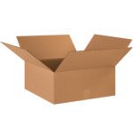 An open brown MH-USA 18 x 18 x 8 corrugated box with upward flaps, set on a white background, is empty and angled to reveal its spacious interior.