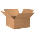 An open MH-USA 18 1/2 x 18 1/2 x 9 corrugated box, with flaps extended, is placed against a plain white background. It’s well-lit to showcase its sturdy texture and quality construction.