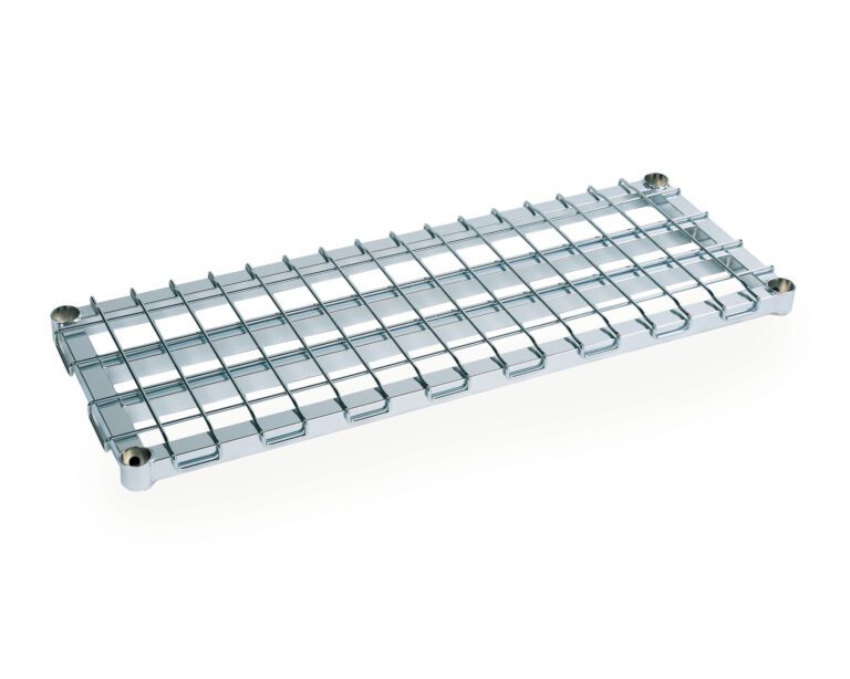 The Metro 2448DRC Super Erecta Heavy-Duty Dunnage Shelf is a chrome, rectangular metal grate with a grid pattern and four small round corner legs. It measures 24 x 48 and reflects light brilliantly while positioned at an angle against a white background.