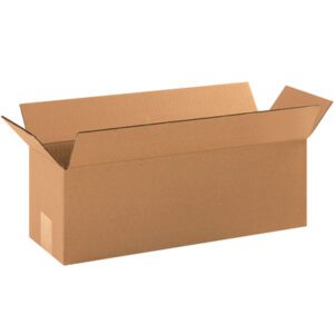 An open brown cardboard box with extended flaps, resembling an MH-USA 18 x 6 x 6 Long Corrugated Box (25/Bundle), stands empty on a white background, highlighting its sturdy construction.
