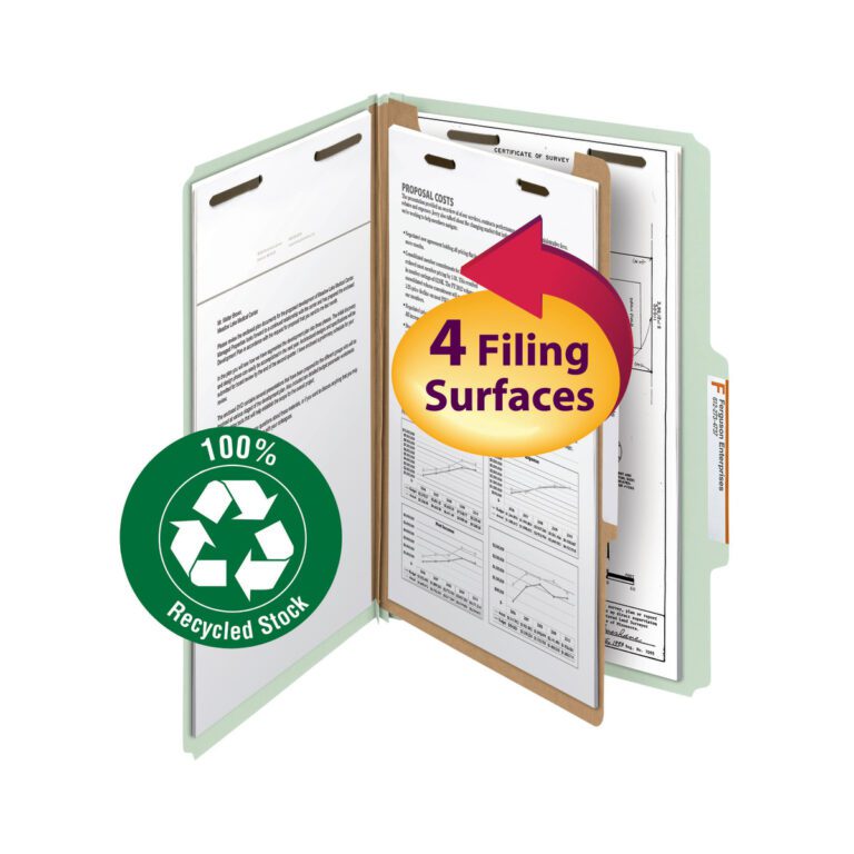 18722_C1.jpg The Smead 100% Recycled Pressboard Classification File Folder (18722) is a legal size folder with a gray/green exterior, featuring 1 divider and a 2 expansion, creating four filing surfaces for document organization.