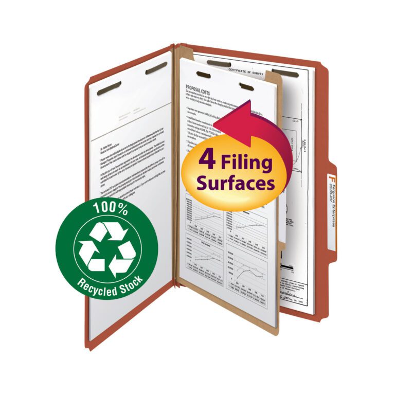 18723_C1.jpg The Smead 100% Recycled Pressboard Classification File Folder in red, with a divider and 2 expansion, provides four filing surfaces. It features a green 100% Recycled Stock icon and a yellow/red arrow for 4 Filing Surfaces. Available as legal size, 10 per box (18723).