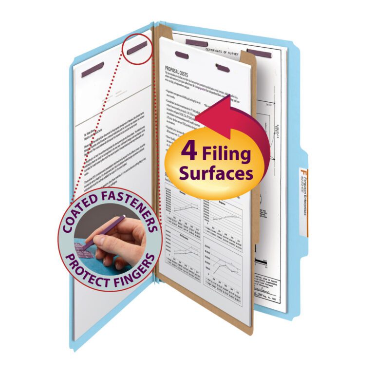 18730_C1.jpg The Smead Pressboard Classification File Folder with SafeSHIELD Fasteners features four filing surfaces, has a 2 expansion, and includes coated fasteners to protect fingers. Its legal-size, blue, and comes in packs of 10 (18730).