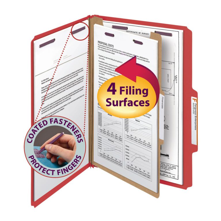 18731_C1.jpg The bright red Smead Pressboard Classification File Folder (18731) features SafeSHIELD Fasteners for protection and four filing surfaces with 1 divider, offering 2 expansion for organized legal-size document storage. Available in boxes of 10.