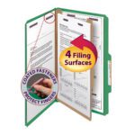 An illustration shows a green Smead Pressboard Classification File Folder with SafeSHIELD Fasteners, featuring four filing surfaces and documents inside. A close-up highlights the fasteners with the note Coated fasteners protect fingers, and an arrow indicates the label: 4 Filing Surfaces.