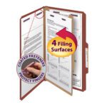 A Smead Pressboard Classification File Folder with SafeSHIELD Fasteners (10 per Box, 18775) is shown open with clipped documents on four surfaces. An inset image highlights the coated fasteners for protection. This legal-sized, red folder includes 1 divider and a 2 expansion feature.