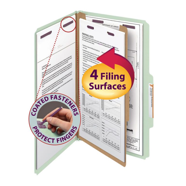 The Smead Pressboard Classification File Folder in Gray/Green (legal size) includes SafeSHIELD fasteners, offering finger protection. It features 4 filing surfaces with 1 divider and 2 expansion, available in a box of 10 (18776).