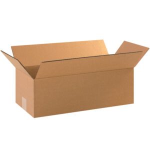 An empty MH-USA 18 x 8 x 6 Long Corrugated Box with partially extended flaps is displayed against a white background, showcasing its functional design.