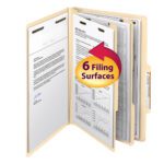 A legal-sized Smead Classification File Folder is open to show its six filing surfaces with documents and charts. A large arrow emphasizes the 6 Filing Surfaces feature, highlighting its functionality.