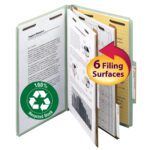The Smead 100% Recycled Pressboard Classification File Folder, in gray/green, features a yellow 6 Filing Surfaces annotation and a note for 2 Expansion. Its legal size design with organized sections subtly open shows its efficient structure.