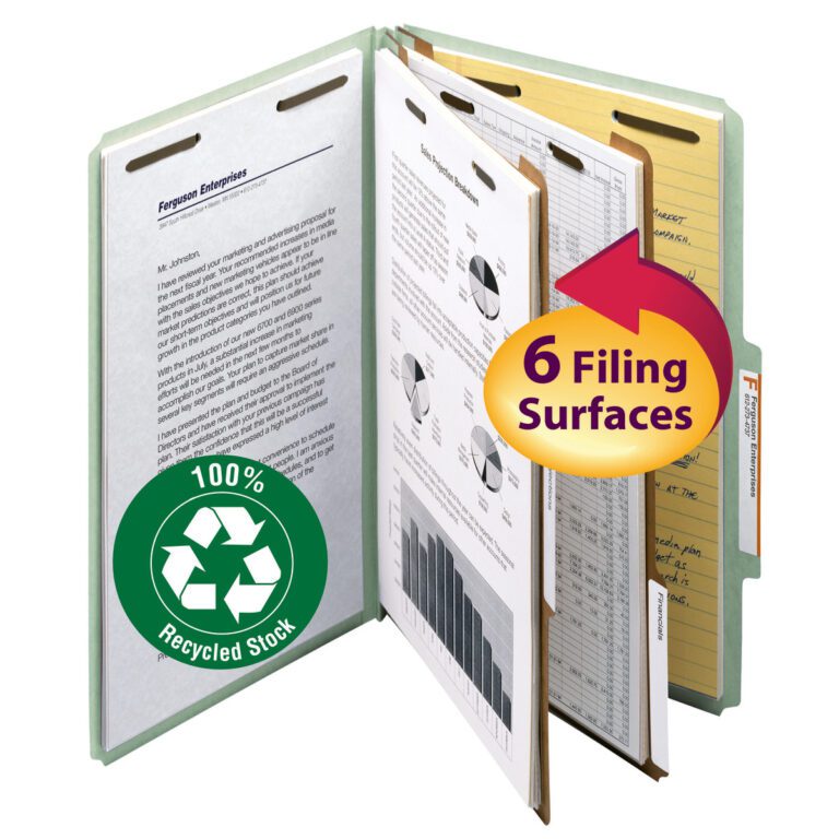 19022_C1.jpg The Smead 100% Recycled Pressboard Classification File Folder, in gray/green, features a yellow 6 Filing Surfaces annotation and a note for 2 Expansion. Its legal size design with organized sections subtly open shows its efficient structure.