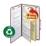 The Smead 100% Recycled Pressboard File Folder (19023) is open, revealing multiple sections with documents. It boasts two dividers for organization, a circular arrow graphic for 6 Filing Surfaces, and a green recycling symbol for 100% Recycled Stock.