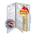 The Smead Pressboard Classification File Folder with SafeSHIELD Fasteners provides practicality with six filing surfaces, Coated Fasteners Protect Fingers, 2 dividers, and labeled tabs. Its available in legal size blue, with a 2 expansion, in sets of 10 per box (19030).