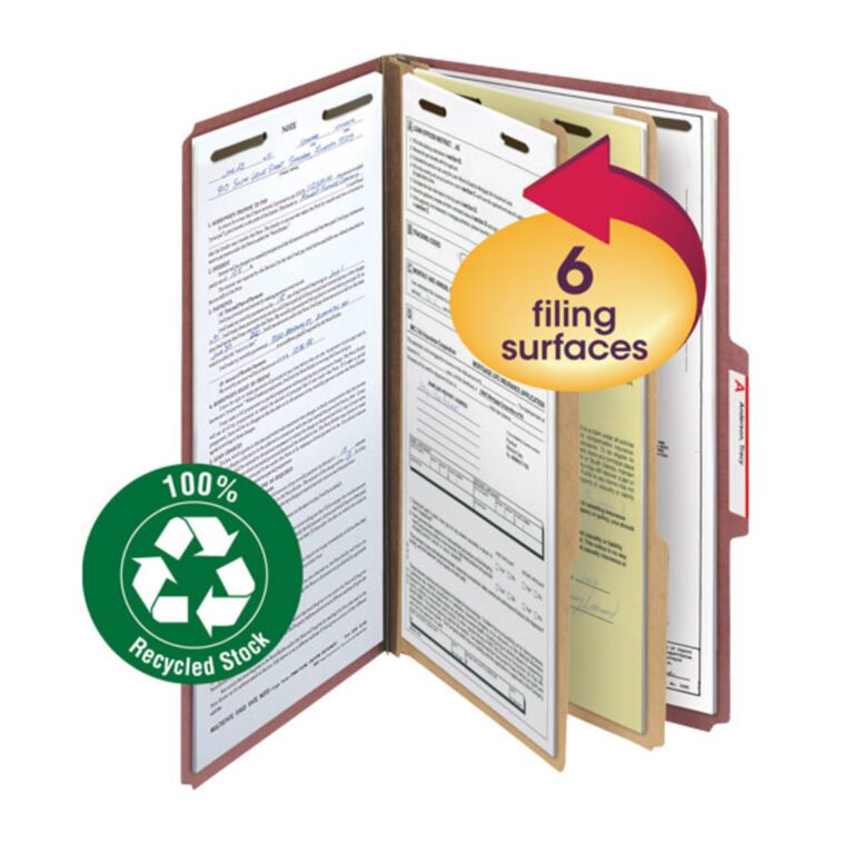 19046_W1.jpg The Smead 100% Recycled Pressboard Classification File Folder (19046) in red, is shown open with papers inside and has a circular label indicating 6 filing surfaces. It features a green recycling symbol that reads 100% Recycled Stock. Sold in packs of 5.