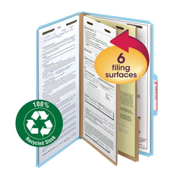 19048_W1.jpg The Smead 100% Recycled Pressboard Classification File Folder, legal size in blue, is open, showing its 2 dividers and six labeled filing surfaces. A circular sticker notes 6 filing surfaces, and another confirms its made from 100% Recycled Stock.