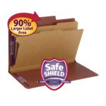 The Smead SuperTab? Classification File Folder in red features SafeSHIELD? Fasteners, an oversized tab, two dividers, and a 2 expansion for legal size documents. 90% larger label area with purple shield logo.