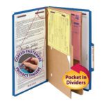 The Smead Pressboard Classification File Folder (19077) in dark blue, includes SafeSHIELD? coated fasteners and two dividers with pockets, making it ideal for organizing legal-size documents while reducing the risk of finger injuries.