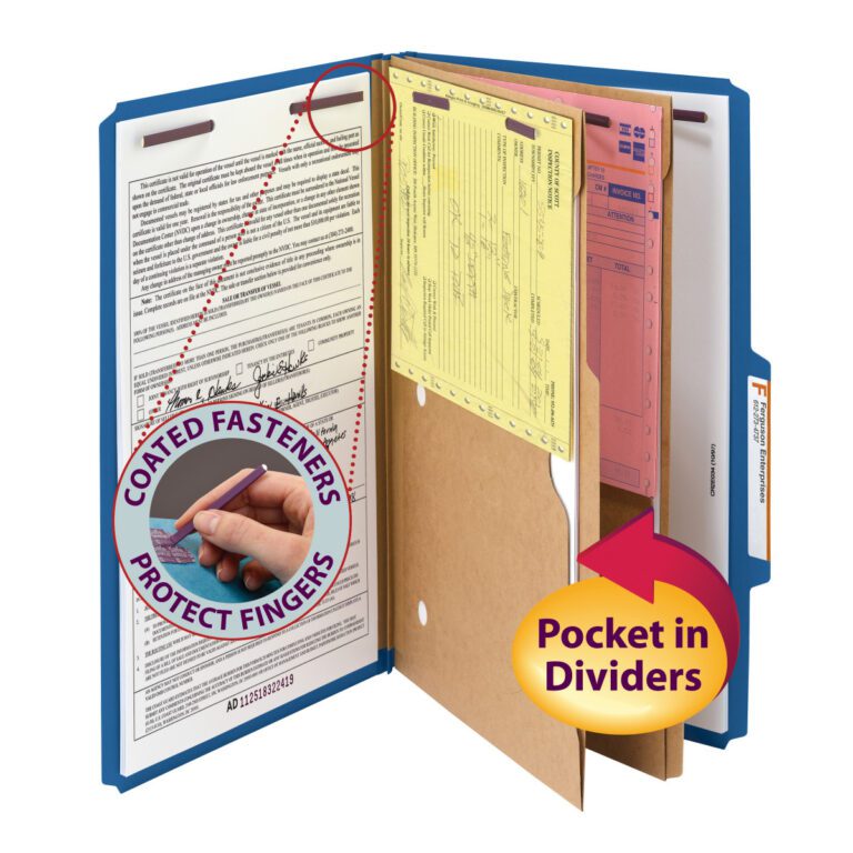 19077_C1.jpg The Smead Pressboard Classification File Folder (19077) in dark blue, includes SafeSHIELD? coated fasteners and two dividers with pockets, making it ideal for organizing legal-size documents while reducing the risk of finger injuries.