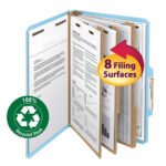 The Smead 100% Recycled Pressboard Classification File Folder, legal size, in blue features three dividers and an expansion of 3, offering versatile organization for documents. Available in boxes of 10, it is made from 100% recycled stock.