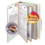 The Smead Pressboard Classification File Folder, legal-sized and gray/green, includes SafeSHIELD Fasteners and three dividers, expanding to 3 with eight surfaces. The label reads 3 Dividers & 8 Filing Surfaces, while an image shows a coated fastener protecting fingers.