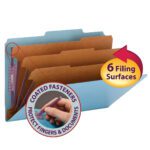 A Smead Pressboard File Folder in blue (legal size) features six sections with brown tabs. SafeSHIELD? coated fasteners protect hands and papers, expanding up to 3. Sold as part of a box set with 10 folders (19094).