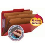 The Smead Pressboard Classification File Folder features bright red color, SafeSHIELD fasteners for finger and document protection, three dividers with six filing sections, a 3 expansion, and is available in legal size sets of 10 per box (19095).
