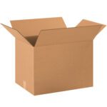 A plain brown MH-USA 19 x 13 x 13 corrugated box with extended flaps is set against a white background. The empty box, available in a bundle of 25, is slightly tilted to the left, showcasing its depth and spaciousness.