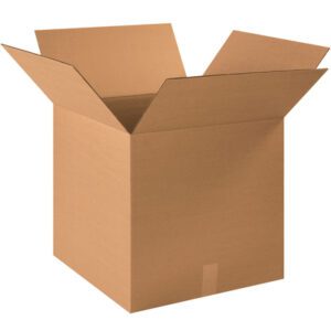 An open MH-USA 19 x 19 x 19 corrugated box with upright flaps casts shadows on a plain white background, showcasing its texture and highlighting its suitability for packing or storage. Sold in bundles of ten, it ensures durability and utility.
