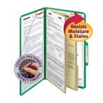 The Smead Premium Pressboard Legal Size Classification File Folder (19201) in green, with SafeSHIELD® Fasteners and 2 expansion, resists moisture and stains. Comes in packs of 10 per box.