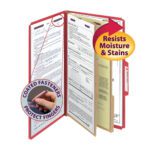 The Smead Premium Pressboard Classification File Folder (19202) in bright red, is legal size with reinforced edges, large tabs for easy labeling, and SafeSHIELD fasteners that protect fingers while resisting moisture and stains. It opens to reveal multiple forms.
