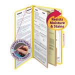 The Smead Premium Pressboard Classification File Folder (Legal Size, Yellow) features SafeSHIELD Fasteners, 2 dividers, and a 2 expansion. Its durable design resists moisture and stains while protecting fingers. Comes in a box of 10 (19203).