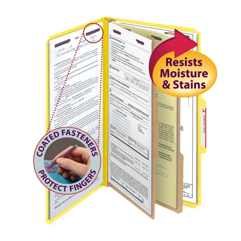 The Smead Premium Pressboard Classification File Folder (Legal Size, Yellow) features SafeSHIELD Fasteners, 2 dividers, and a 2 expansion. Its durable design resists moisture and stains while protecting fingers. Comes in a box of 10 (19203).