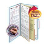 The Smead Premium Pressboard Classification File Folder (19204) features a legal-size folder with a 2 expansion, SafeSHIELD? fasteners to protect fingers, and resists moisture and stains. Sold as 10 per box, the inset image shows a hand interacting with the protective fasteners.