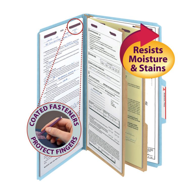 The Smead Premium Pressboard Classification File Folder (19204) features a legal-size folder with a 2 expansion, SafeSHIELD? fasteners to protect fingers, and resists moisture and stains. Sold as 10 per box, the inset image shows a hand interacting with the protective fasteners.