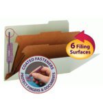 The Smead Pressboard Classification File Folder, with SafeSHIELD® Fasteners, features 2 dividers and a 2 expansion. Its a legal-size folder in gray/green with six filing surfaces for expanding needs.