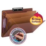 The Smead Pressboard Classification File Folder, legal size and in red, features 6 filing surfaces with SafeSHIELD? Fasteners to protect fingers and documents. It has 2 dividers, a 2 expansion, and showcases internal sections.