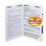 A legal-size Smead Fastener File Folder with handwritten notes and printed forms has a circular label, Tab Reinforced To Last Longer. Featuring colorful index tabs and straight-cut design, its durable and available in packs of 50 per box (19513).