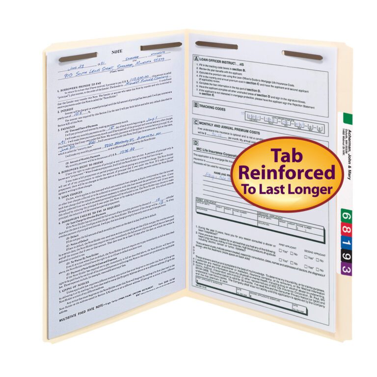 A legal-size Smead Fastener File Folder with handwritten notes and printed forms has a circular label, Tab Reinforced To Last Longer. Featuring colorful index tabs and straight-cut design, its durable and available in packs of 50 per box (19513).