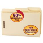The Smead SuperTab Fastener File Folder in manila, with oversized 1/3-cut tabs and two fasteners for document security, features red and yellow labels emphasizing a 90% Larger Label Area and Tab Reinforced To Last Longer.
