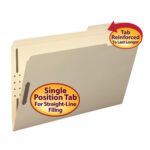 The Smead Fastener File Folder, featuring reinforced 1/3-cut right-position tabs and highlighted orange-yellow circle text for durability, reads Single Position Tab For Straight-Line Filing and Tab Reinforced To Last Longer.