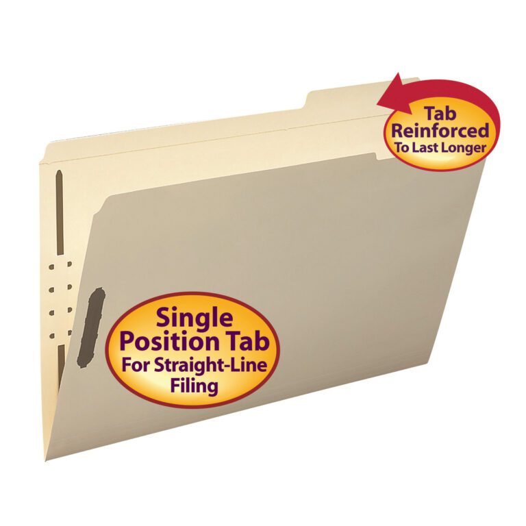 The Smead Fastener File Folder, featuring reinforced 1/3-cut right-position tabs and highlighted orange-yellow circle text for durability, reads Single Position Tab For Straight-Line Filing and Tab Reinforced To Last Longer.