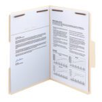 Open the beige Smead SuperTab Heavyweight Fastener File Folder (legal size, manila) with two pages inside. The left has a typed letter with a blue signature; the right lists Proposal Costs and Review, featuring text and two data charts, all secured by an oversized reinforced 1/3-cut tab.