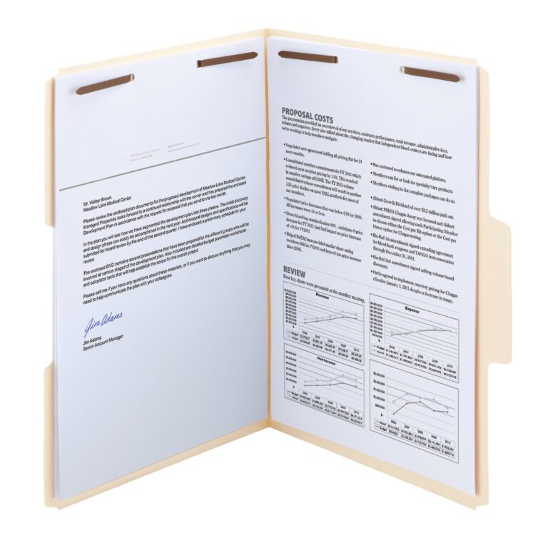 Open the beige Smead SuperTab Heavyweight Fastener File Folder (legal size, manila) with two pages inside. The left has a typed letter with a blue signature; the right lists Proposal Costs and Review, featuring text and two data charts, all secured by an oversized reinforced 1/3-cut tab.