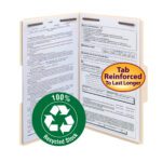 A Smead 100% Recycled Fastener File Folder, legal size, features reinforced 1/3-cut tabs and manila construction. It proudly displays a green circle with a white recycling symbol indicating 100% Recycled Stock, underscoring its eco-friendly nature.